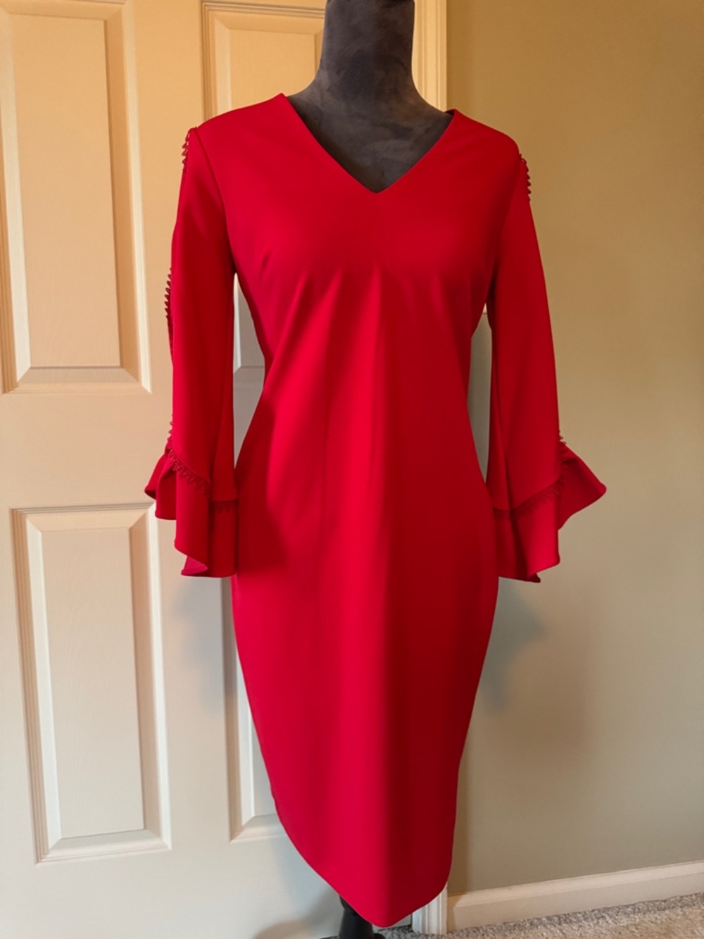 Calvin Klein Red V-Neck Midi Dress with Ruffled Bell Sleeves